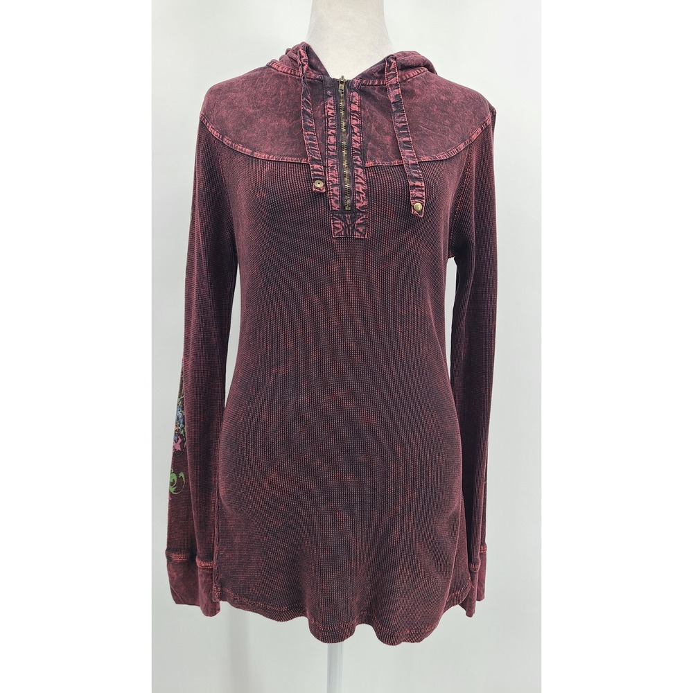 T Party Mineral Wash Grunge Hoodie L Embroidered Thermal Burgundy 1/2 Zip Y2K